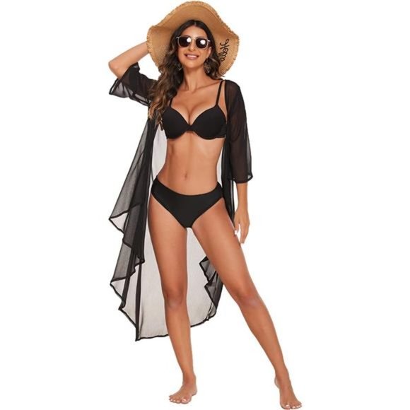WOMENS Swimsuit Bikini Cover Up Chiffon Black 2 - Picture 3 of 6